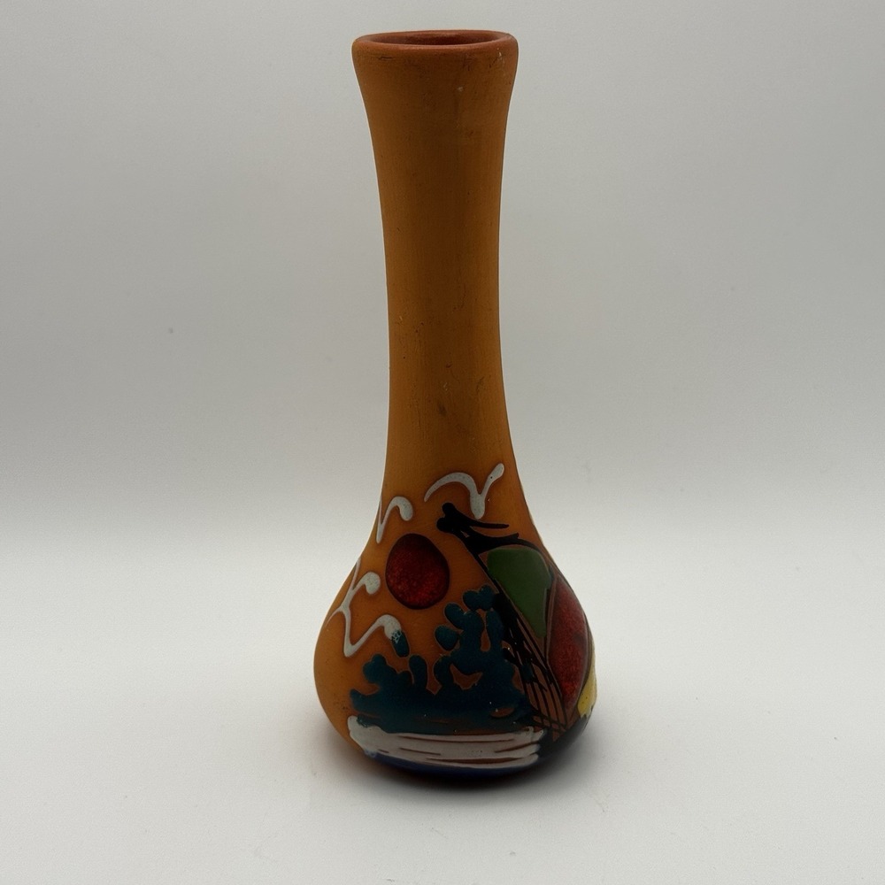 Vintage Punta Cana Pottery miniature vase Glazed Hand Painted Beach Theme Signed